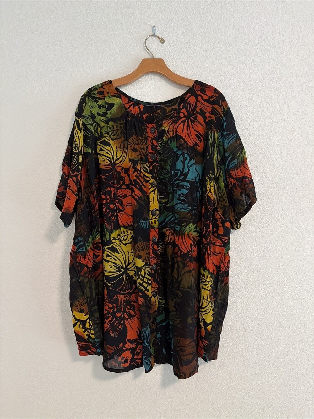 Roaman's Women's Plus Size Blouse Red Green Floral Hawaiin Button Up Shirt